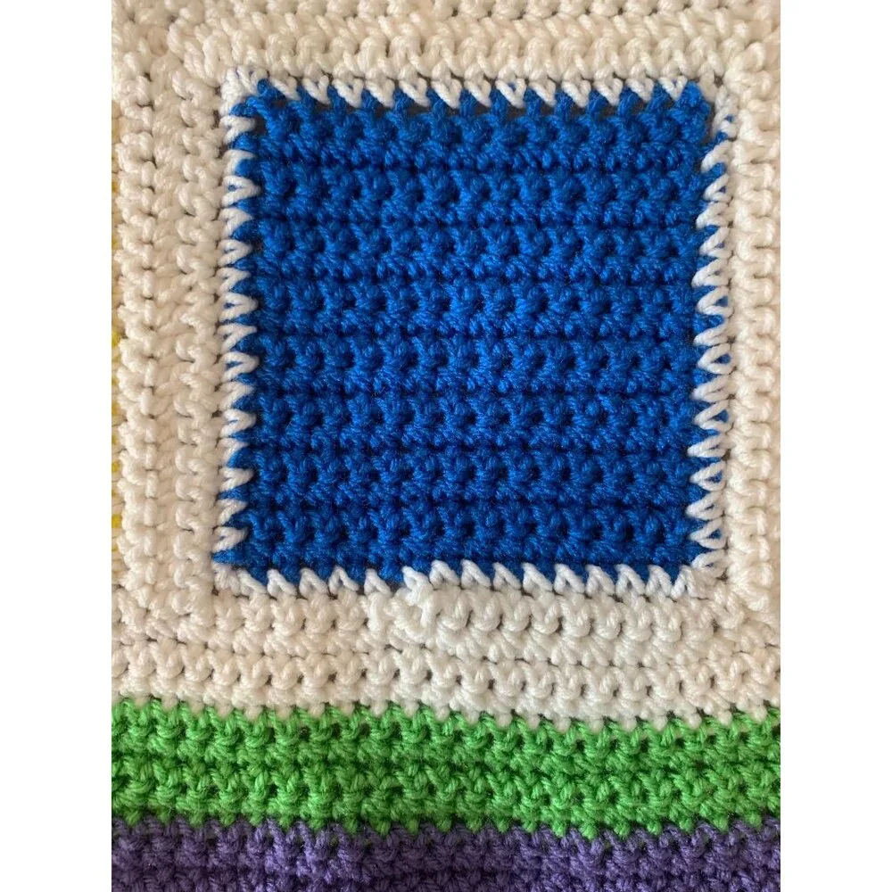 Handmade Vintage Bright Multicolor Crochet Squares Afghan‎ Blanket  48